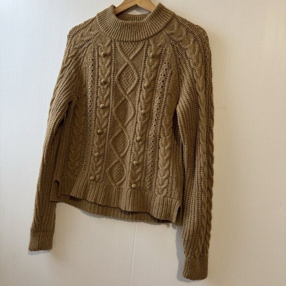 J.Crew Wool Blend Azra Pom Pom Cable Knit Mock Neck Sweater Size Small Tan - Picture 10 of 16